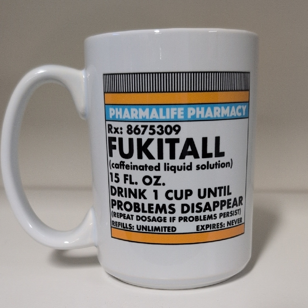 PHARMALIFE PHARMACY 'FUKITALL' White Ceramic Coffee Mug